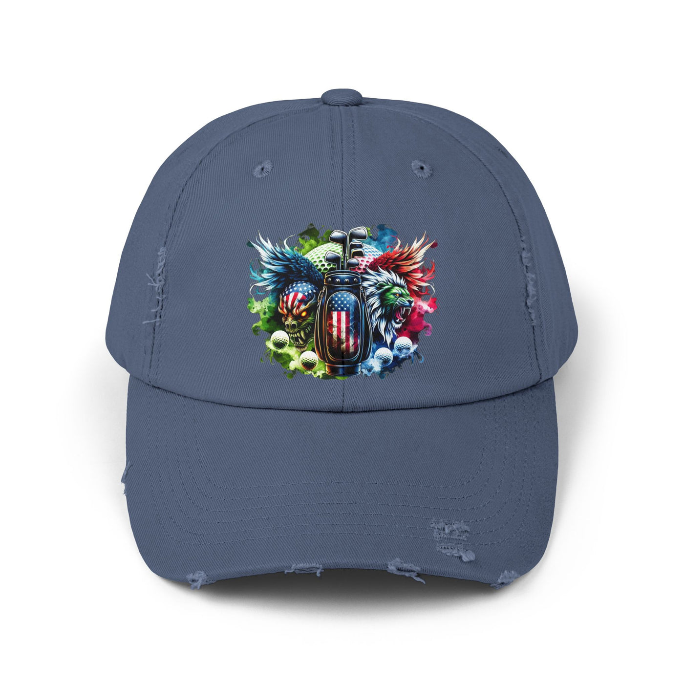 Distressed Golf Cap, American Flag Lion Head Golf Bag Design Hat