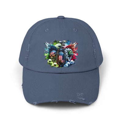 Distressed Golf Cap, American Flag Lion Head Golf Bag Design Hat