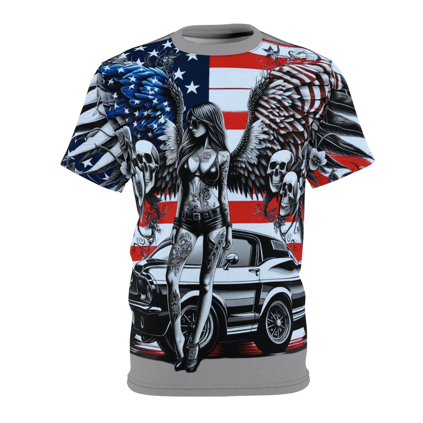 American Flag T-shirt, W/ Winged Female Silhouette & Mustang