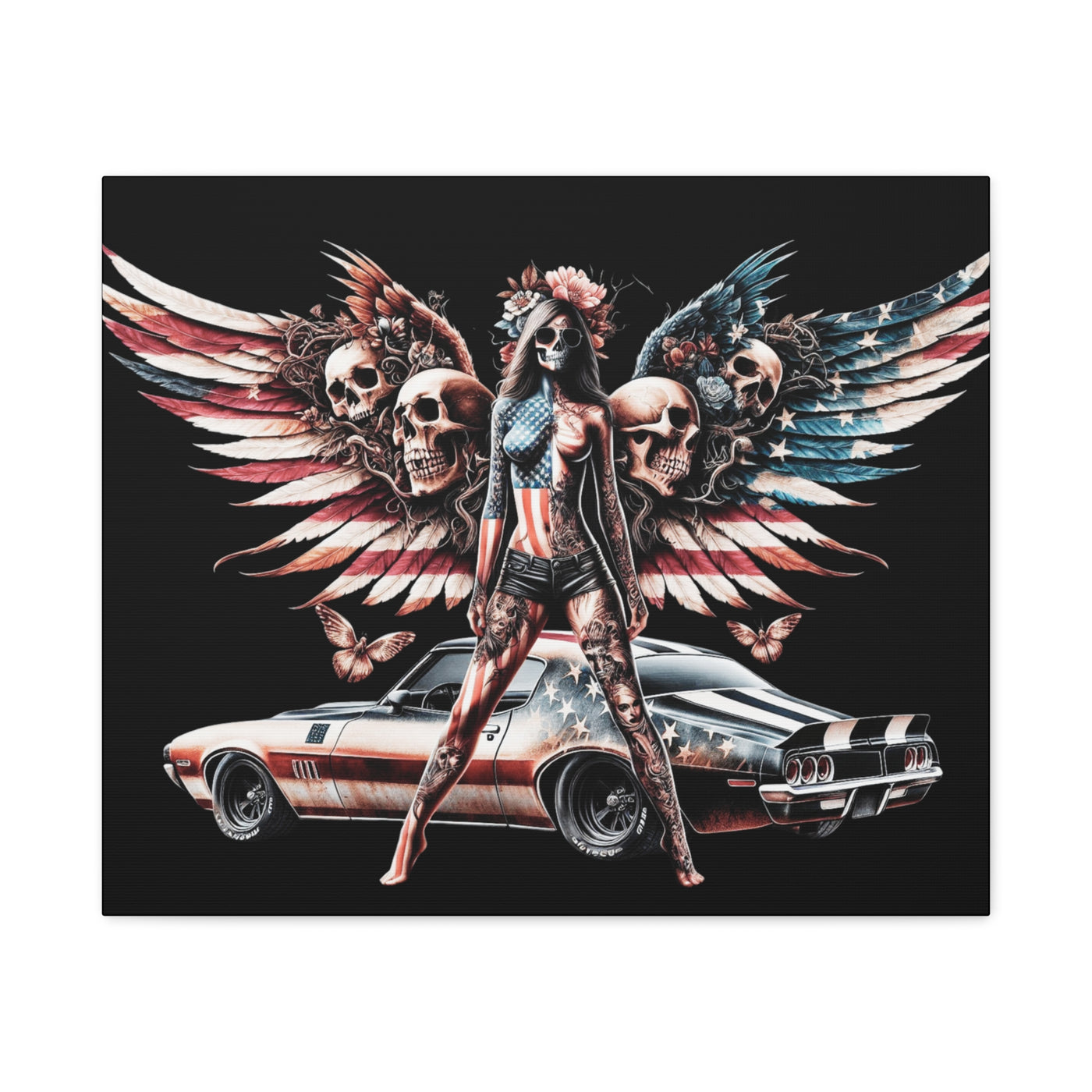 Matte Canvas, American Flag W/Winged Female Silhouette & Camaro