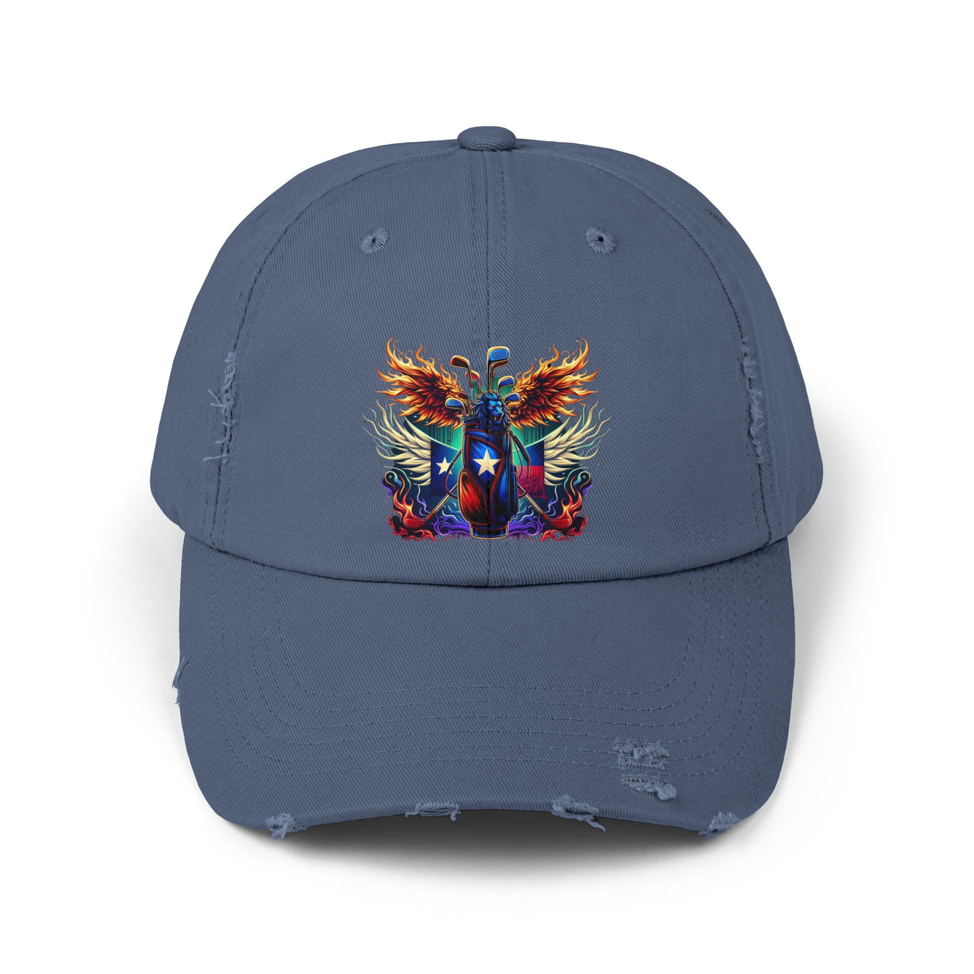 Distressed Golf Cap, Texas Flag Winged Lion Head Golf Bag Design Hat