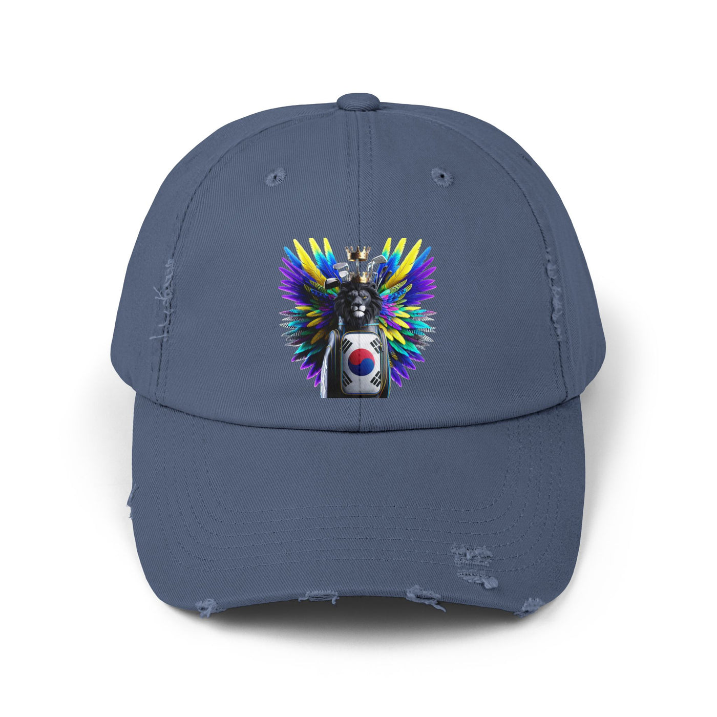 Distressed Golf Cap, South Korean Flag Winged Lion Head Golf Bag Design Hat