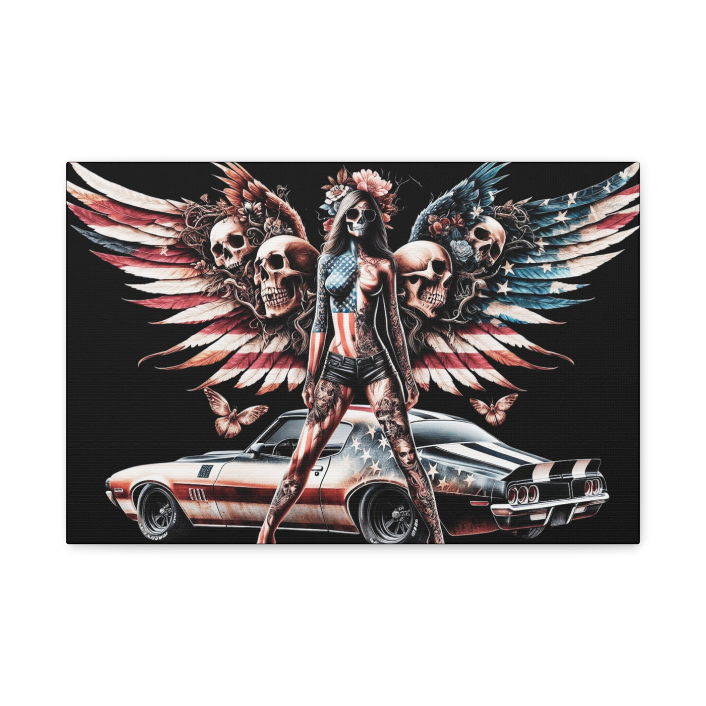 Matte Canvas, American Flag W/Winged Female Silhouette & Camaro