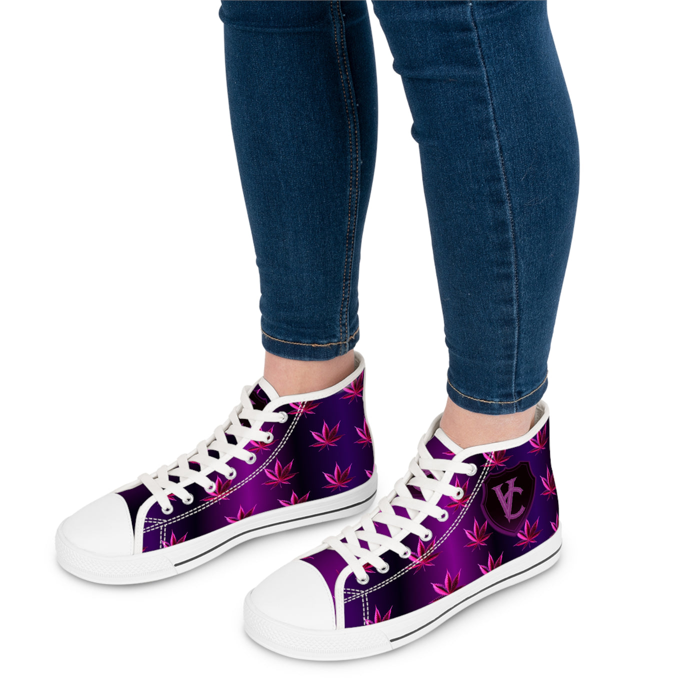 Trendy Women's High Top Sneakers with Purple Leaf Design