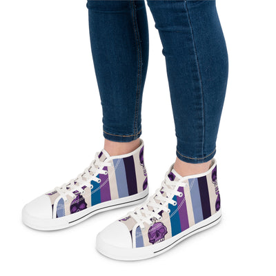 Women's High-Top Sneakers, Purple Skull W/Purple White & Aqua Blue Pattern