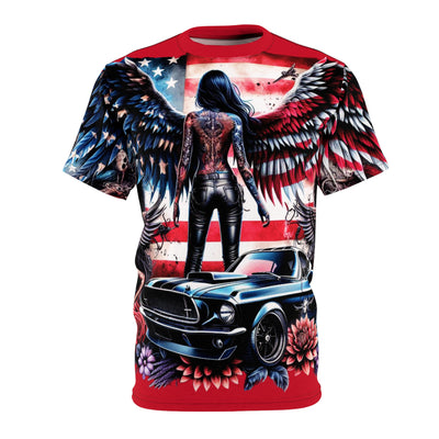 American Flag T-shirt, W/ Winged Female Silhouette & Mustang