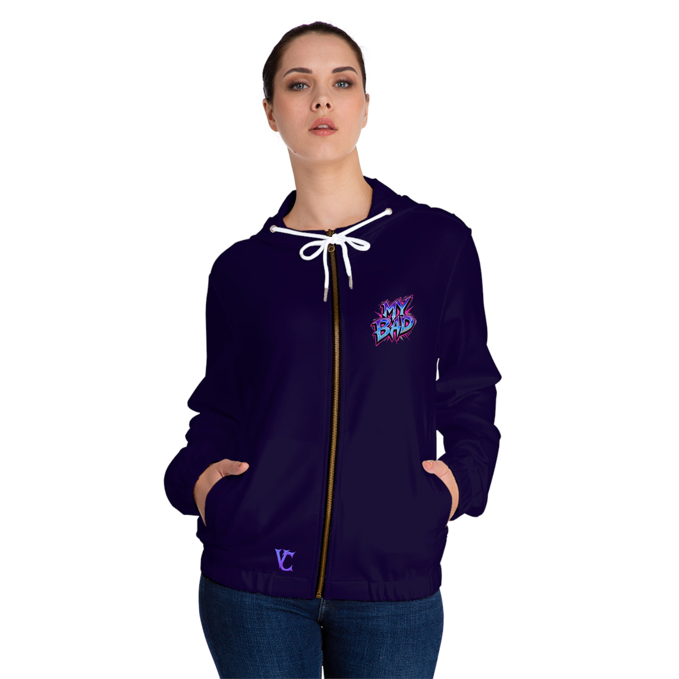 Women’s Full-Zip Graphic Hoodie, Vivid Creations "My Bad" Hooded Sweatshirt