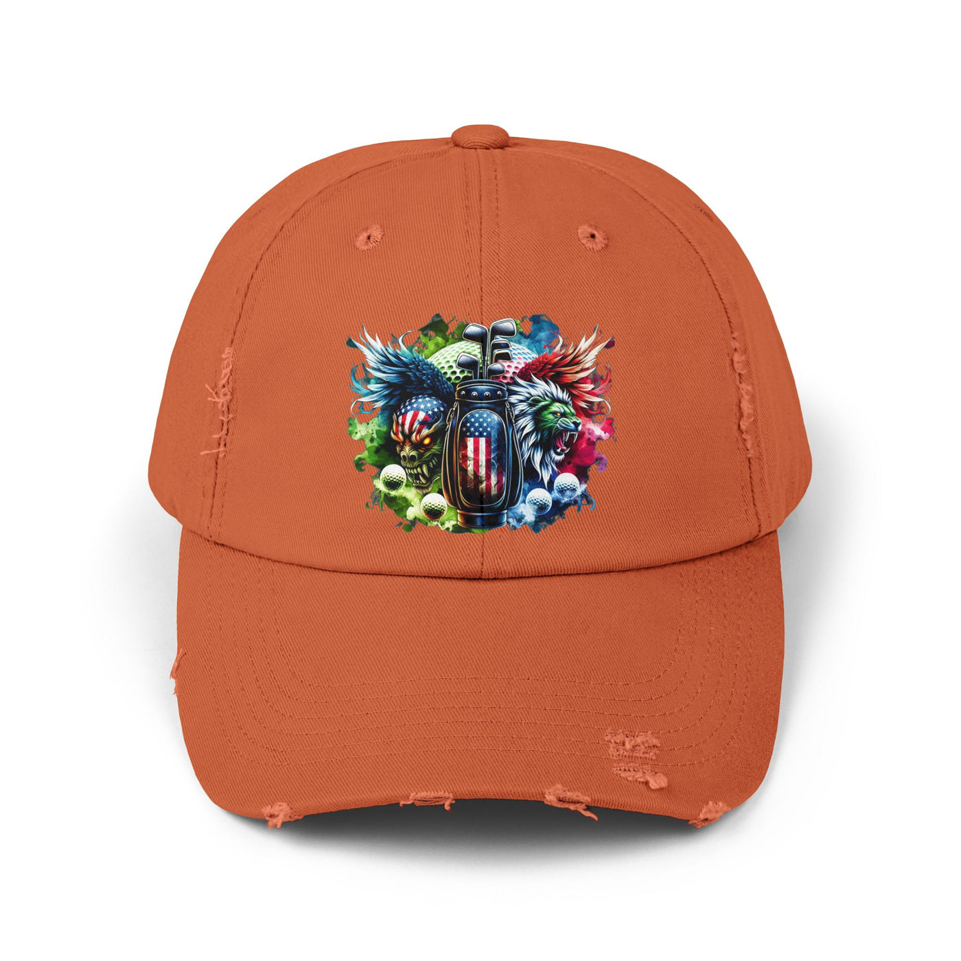 Distressed Golf Cap, American Flag Lion Head Golf Bag Design Hat