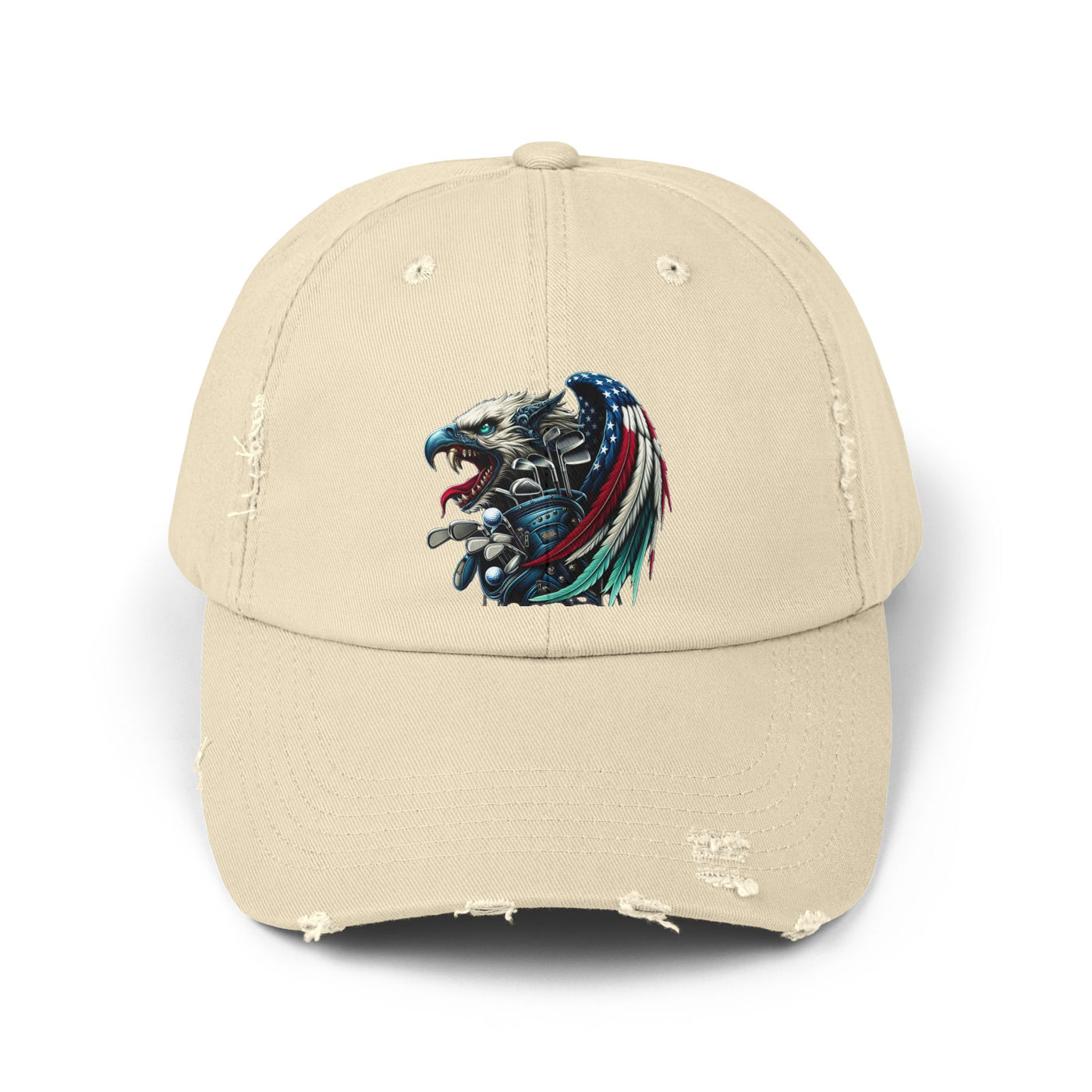 Distressed Golf Cap, American Flag Winged Eagle Head Golf Bag Design Hat