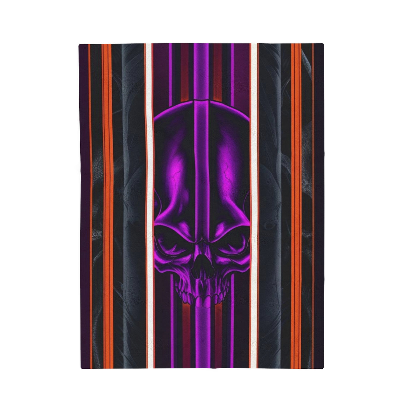 15, Velveteen Purple Skull Blanket W/Red Gray & Black Stripped Pattern