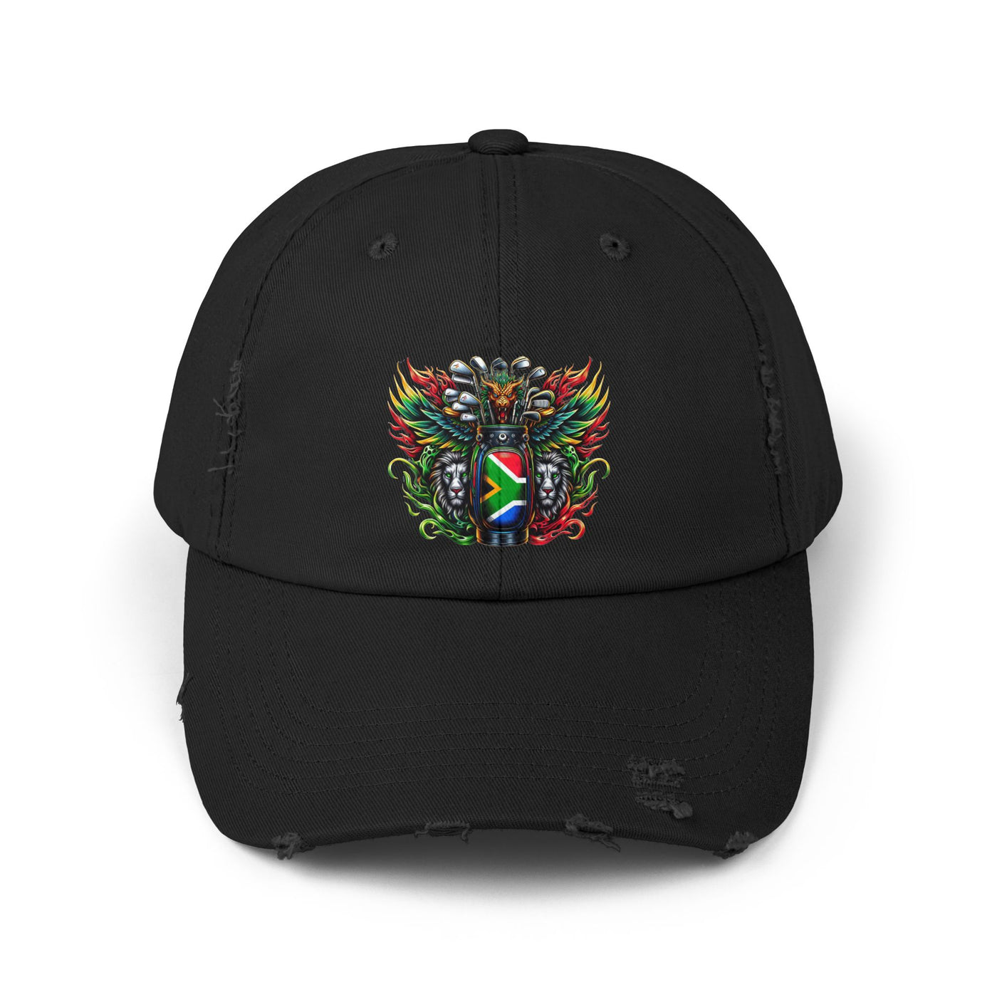 Distressed Golf Cap, South African Flag Winged Dragon Head Golf Bag Design Hat