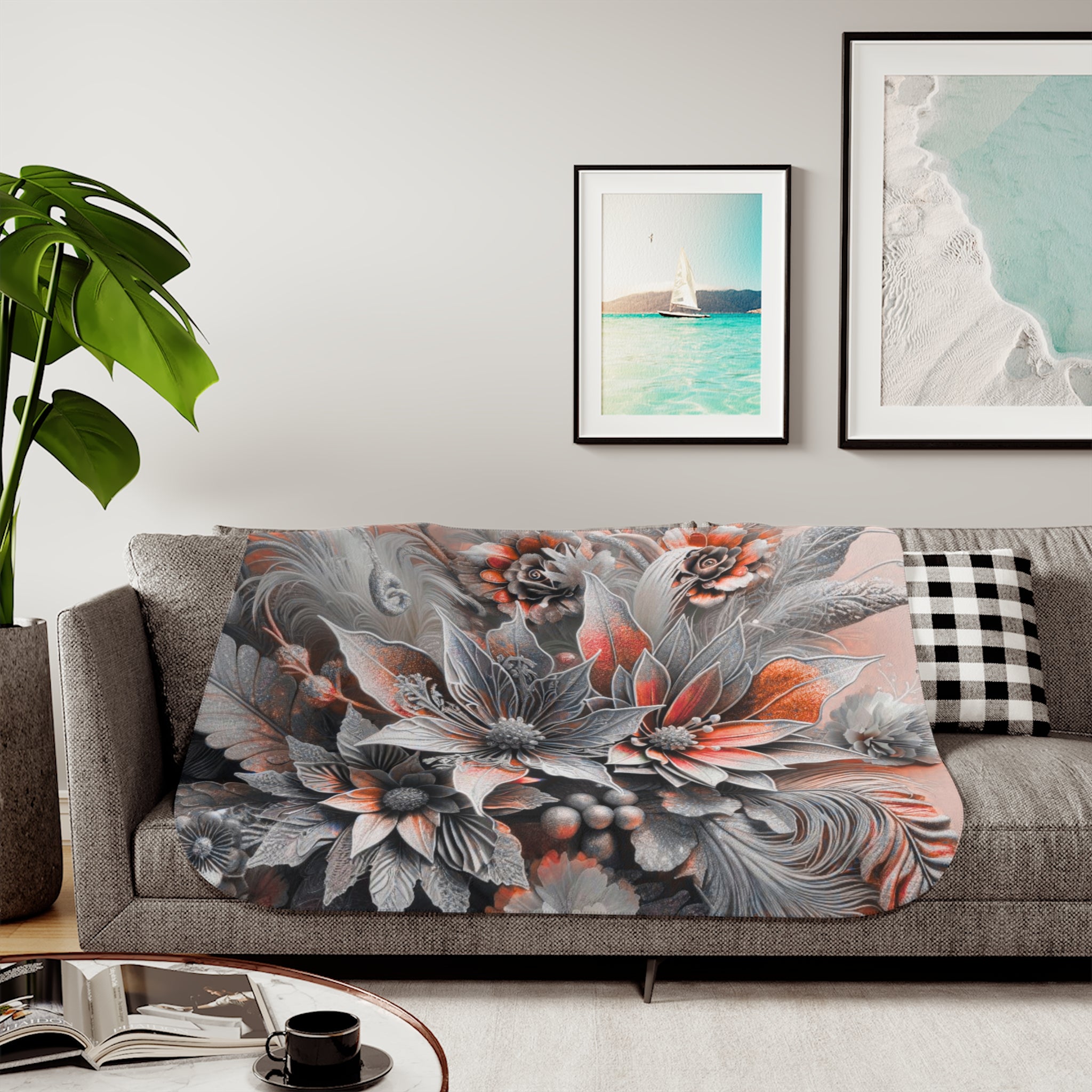 Floral Sherpa Blanket - Cozy Two-Tone Design for Home Decor