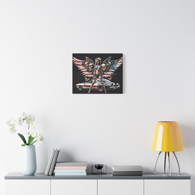 Matte Canvas, American Flag W/Winged Female Silhouette & Camaro