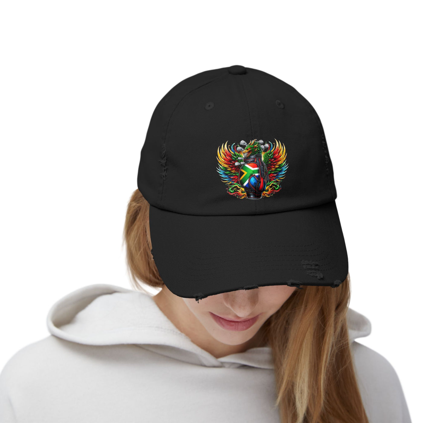 Distressed Golf Cap, South African Flag Winged Dragon Head Golf Bag Design Hat