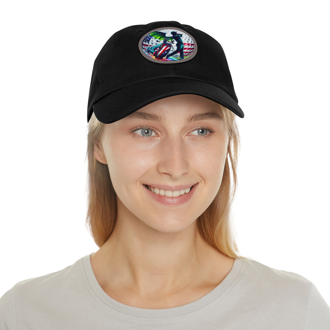 Dad Golf Hat with Leather Patch (Round), American Flag Silhouette Golf Ball Design