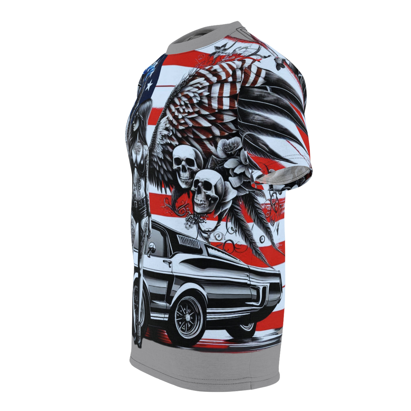 American Flag T-shirt, W/ Winged Female Silhouette & Mustang