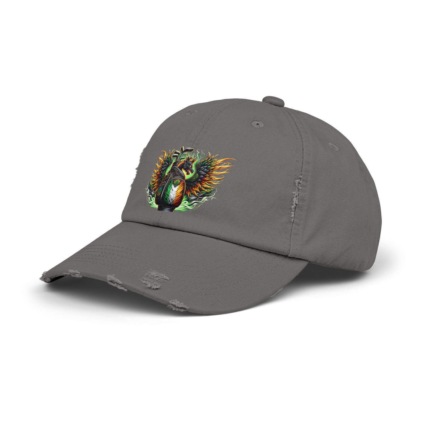 Distressed Golf Cap, Irish Flag Winged Dragon Head Golf Bag Design Hat