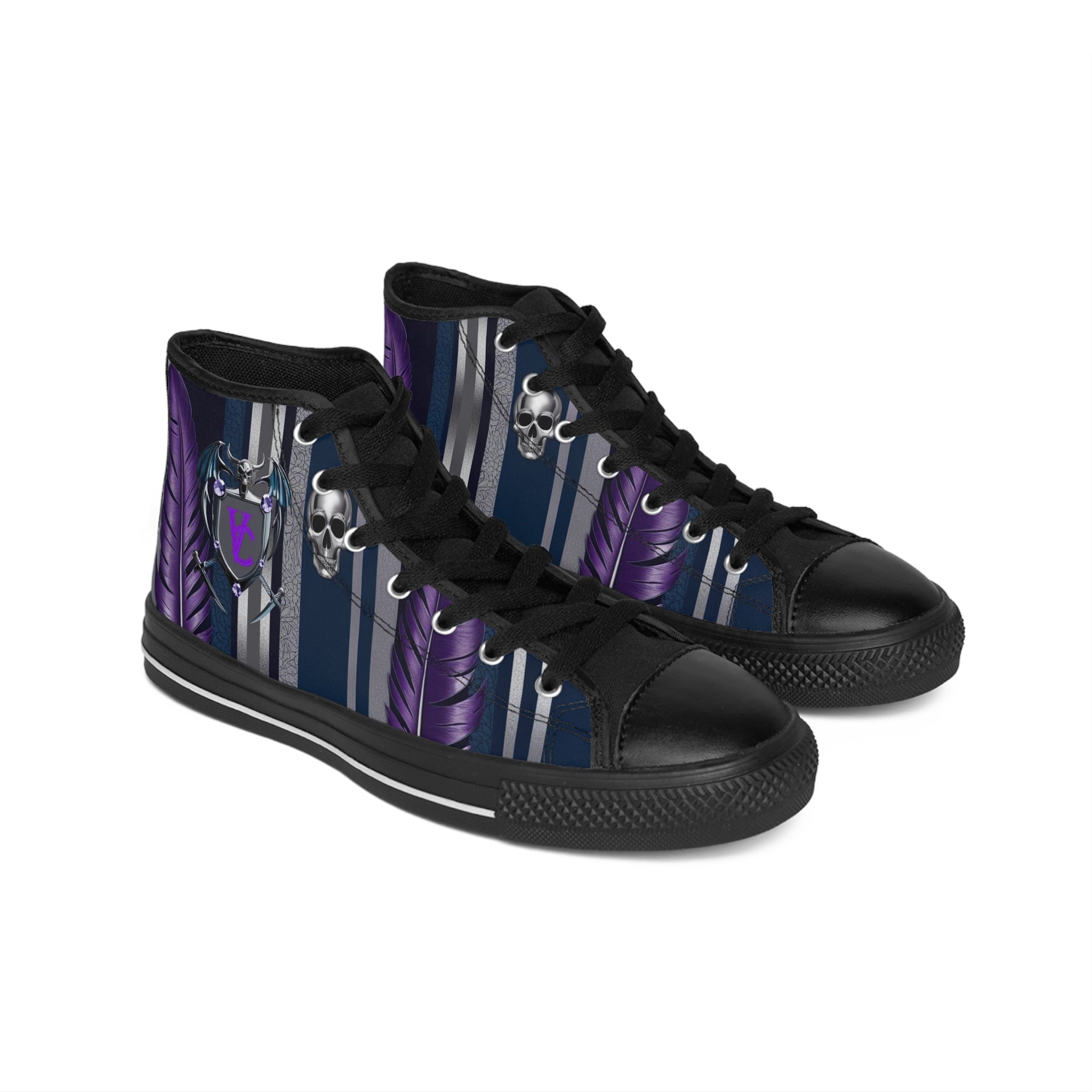 Men's Classic High-Top Sneakers with Skull and Feather Design