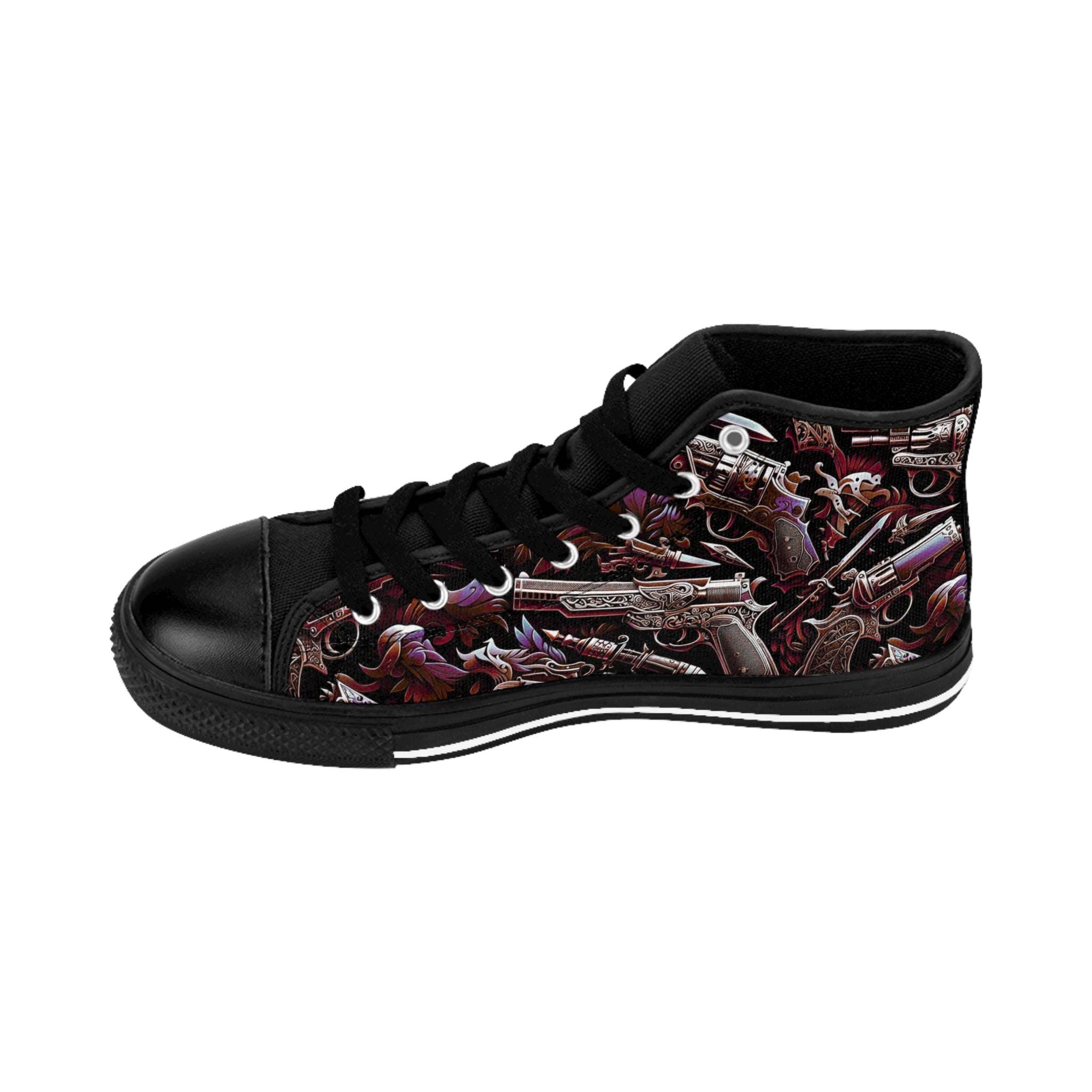Men's Classic Sneakers - Edgy Urban Design with Guns and Shields | Stylish High-Top Footwear for Casual Wear