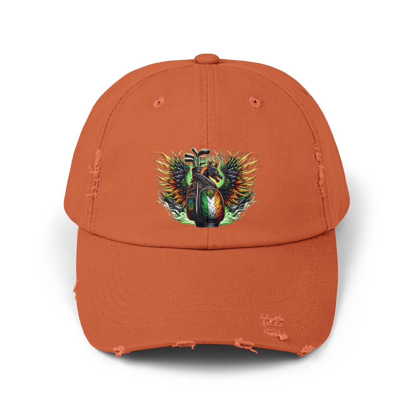 Distressed Golf Cap, Irish Flag Winged Dragon Head Golf Bag Design Hat