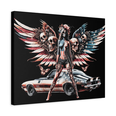 Matte Canvas, American Flag W/Winged Female Silhouette & Camaro