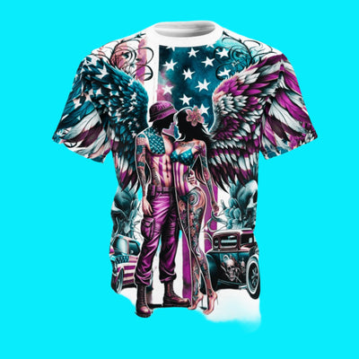 American Flag W/ 2-Winged Female Silhouette & Mustang T-shirt