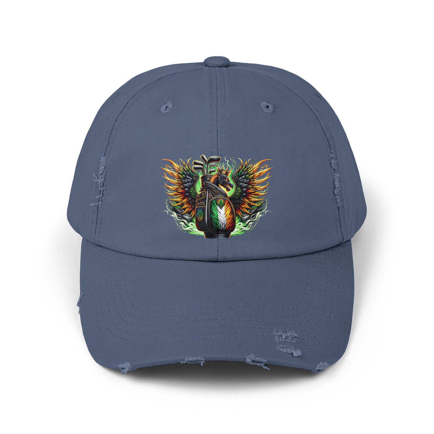 Distressed Golf Cap, Irish Flag Winged Dragon Head Golf Bag Design Hat