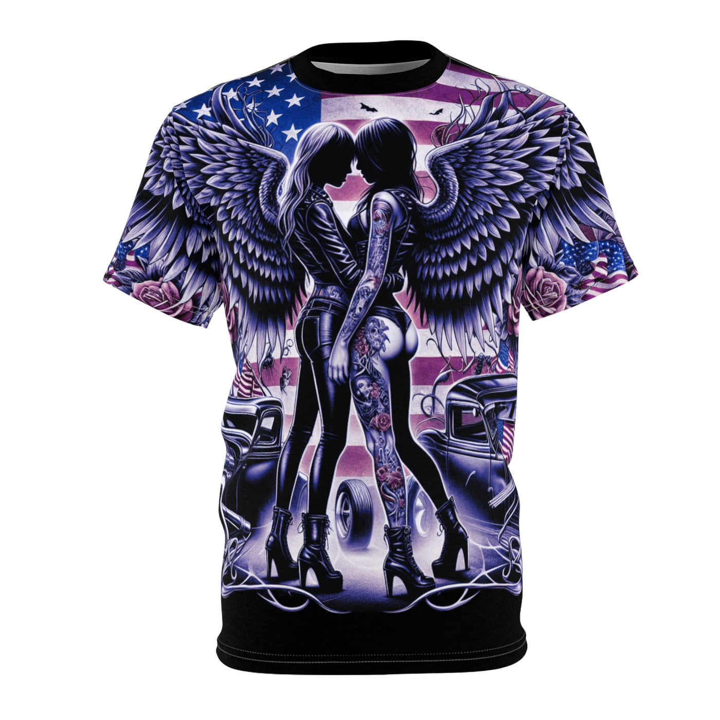 American Flag W/ Winged Female Silhouette's & Hot Rod T-shirt