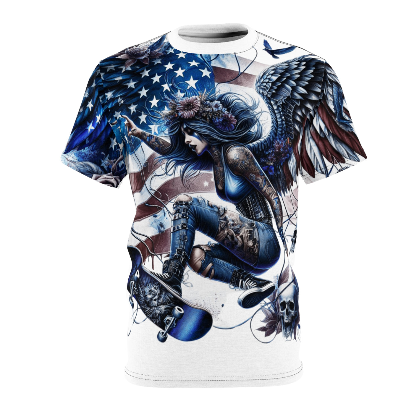 American Flag W/ Winged Female Skateboarding Silhouette T-shirt