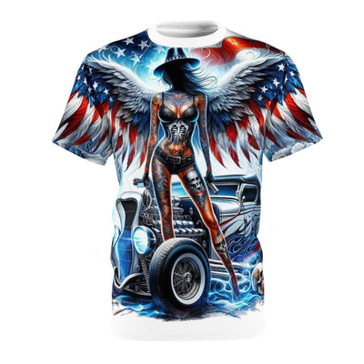 American Flag W/ Winged Female Silhouette & Old Car T-shirt