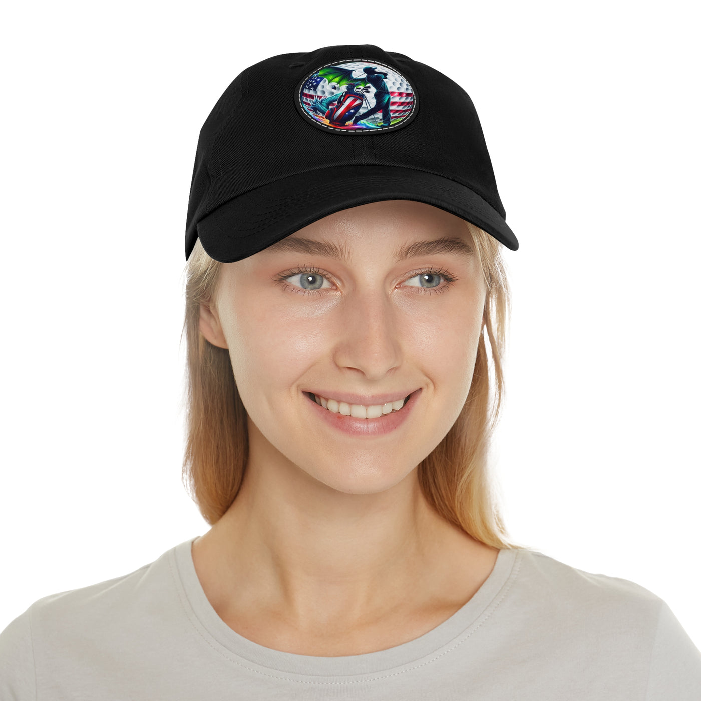 Dad Golf Hat with Leather Patch (Round), American Flag Silhouette Golf Ball Design