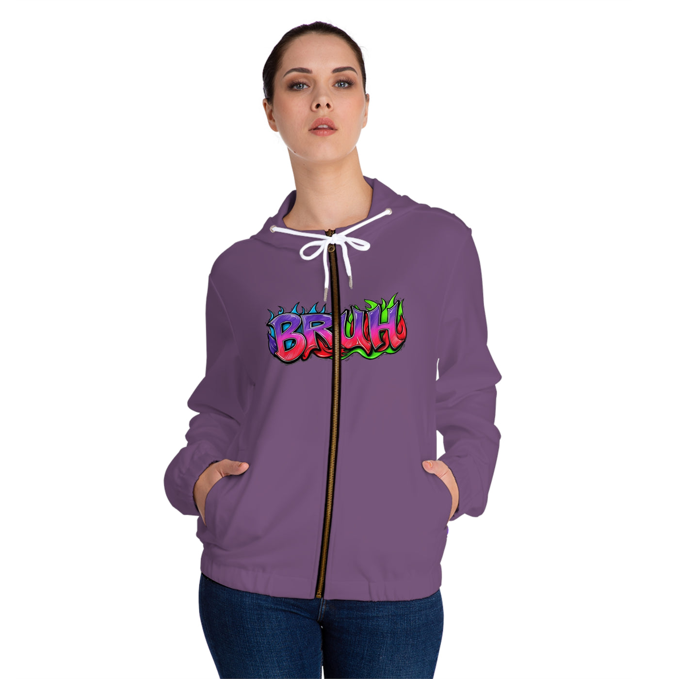 Women’s Full-Zip Graphic Hoodie, Vivid Creations "BRUH" Hooded Sweatshirt