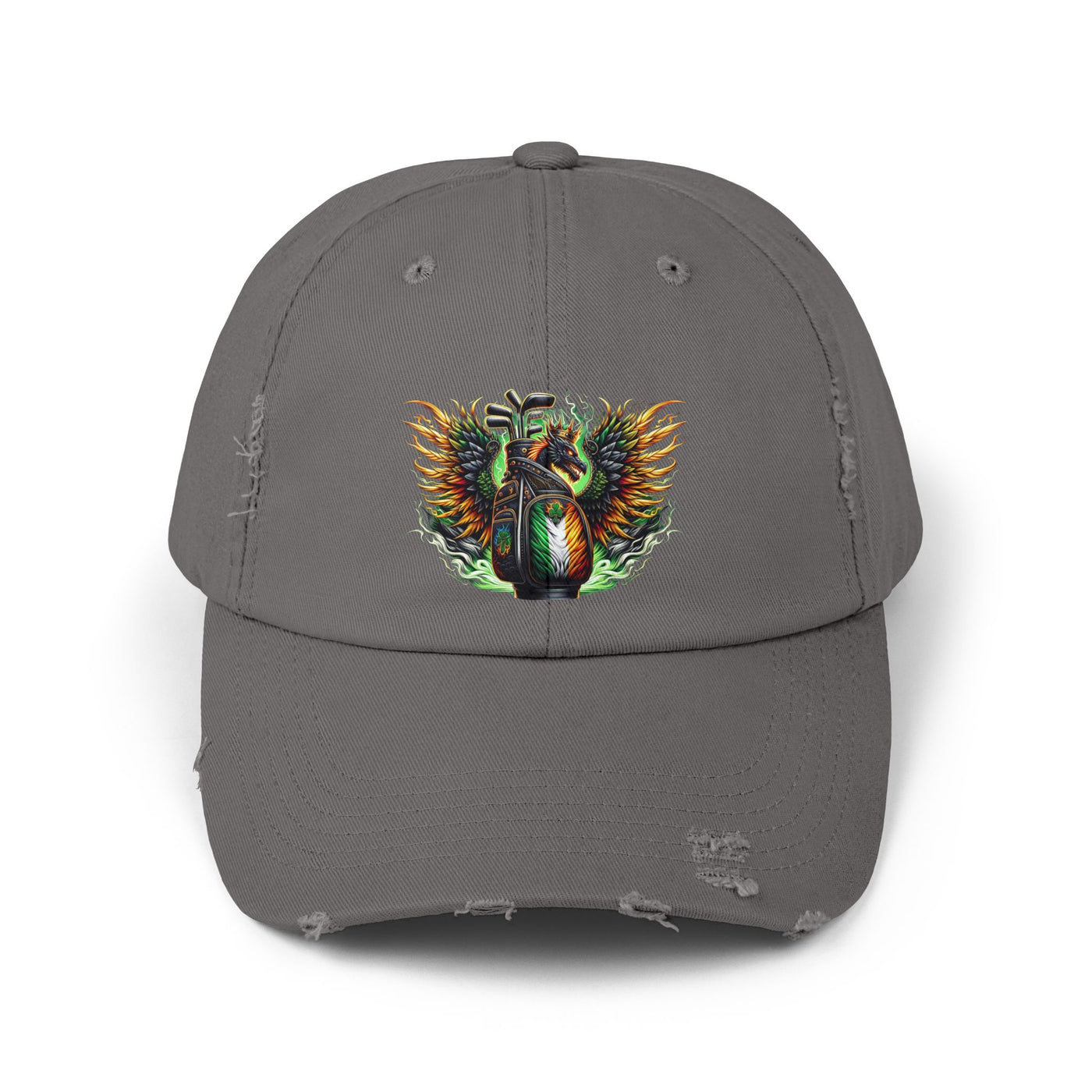 Distressed Golf Cap, Irish Flag Winged Dragon Head Golf Bag Design Hat