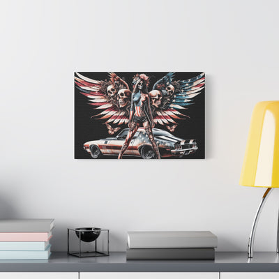 Matte Canvas, American Flag W/Winged Female Silhouette & Camaro