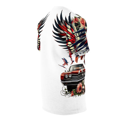 American Flag W/ 3 Winged Female Silhouette & Old Car T-shirt