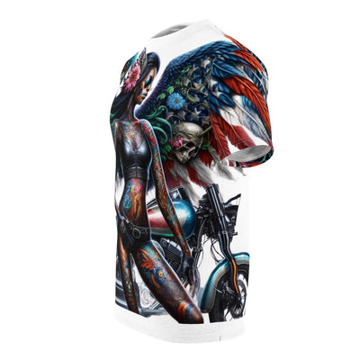 American Flag & Winged Female Silhouette W/ Motorcycle T-shirt