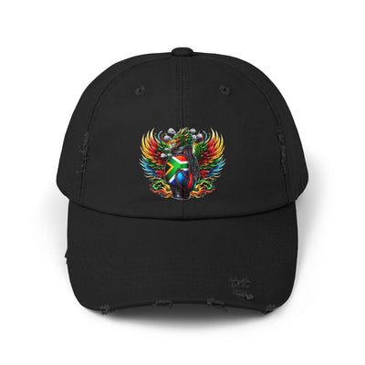 Distressed Golf Cap, South African Flag Winged Dragon Head Golf Bag Design Hat