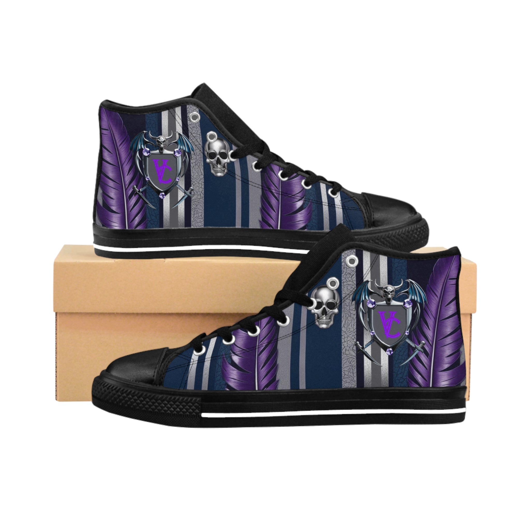 Men's Classic High-Top Sneakers with Skull and Feather Design