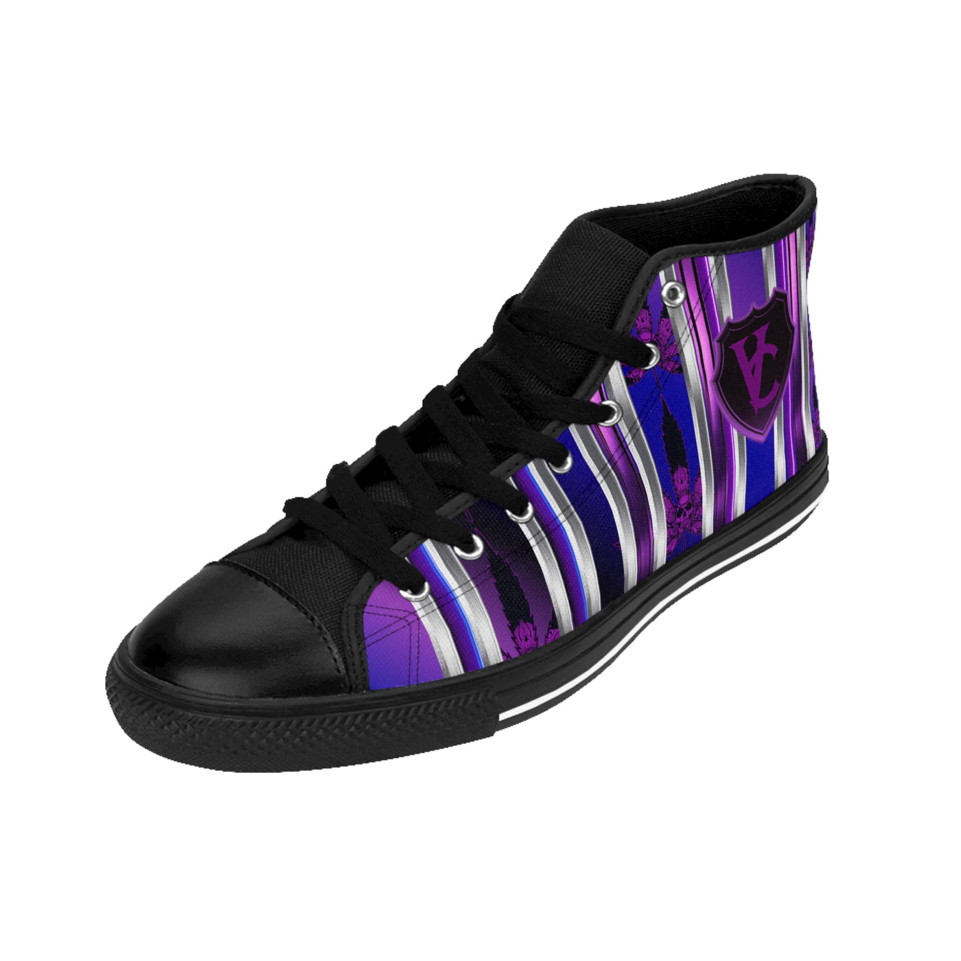 Stylish Women's Classic Sneakers with Purple Stripes & Shield Design