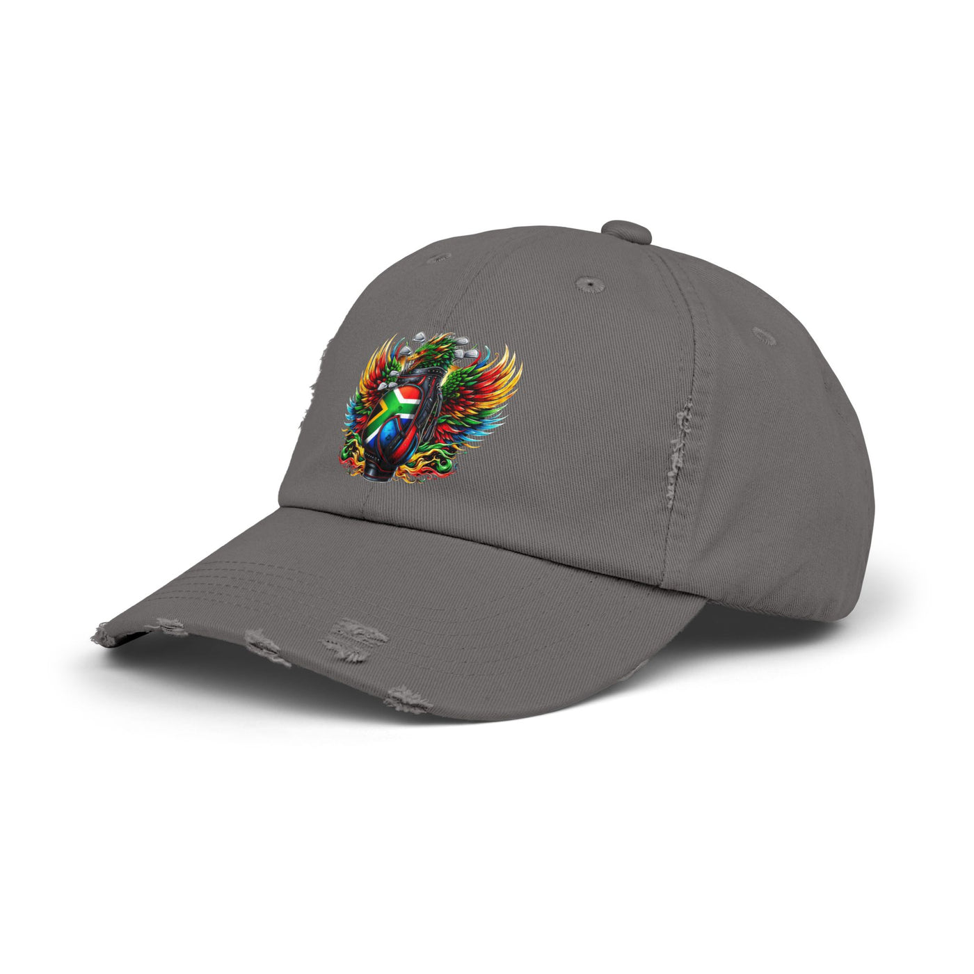 Distressed Golf Cap, South African Flag Winged Dragon Head Golf Bag Design Hat