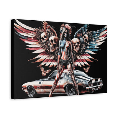 Matte Canvas, American Flag W/Winged Female Silhouette & Camaro