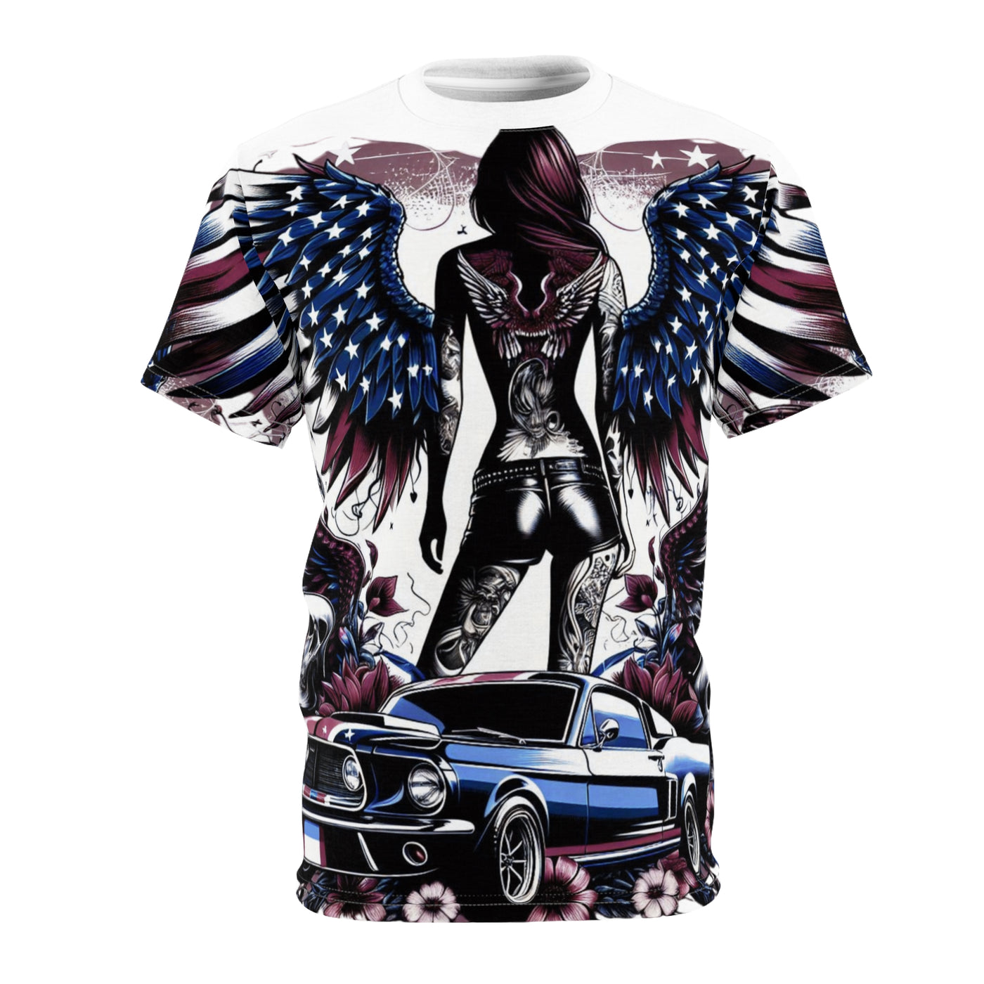 American Flag W/ Winged Female Silhouette & Mustang T-shirt