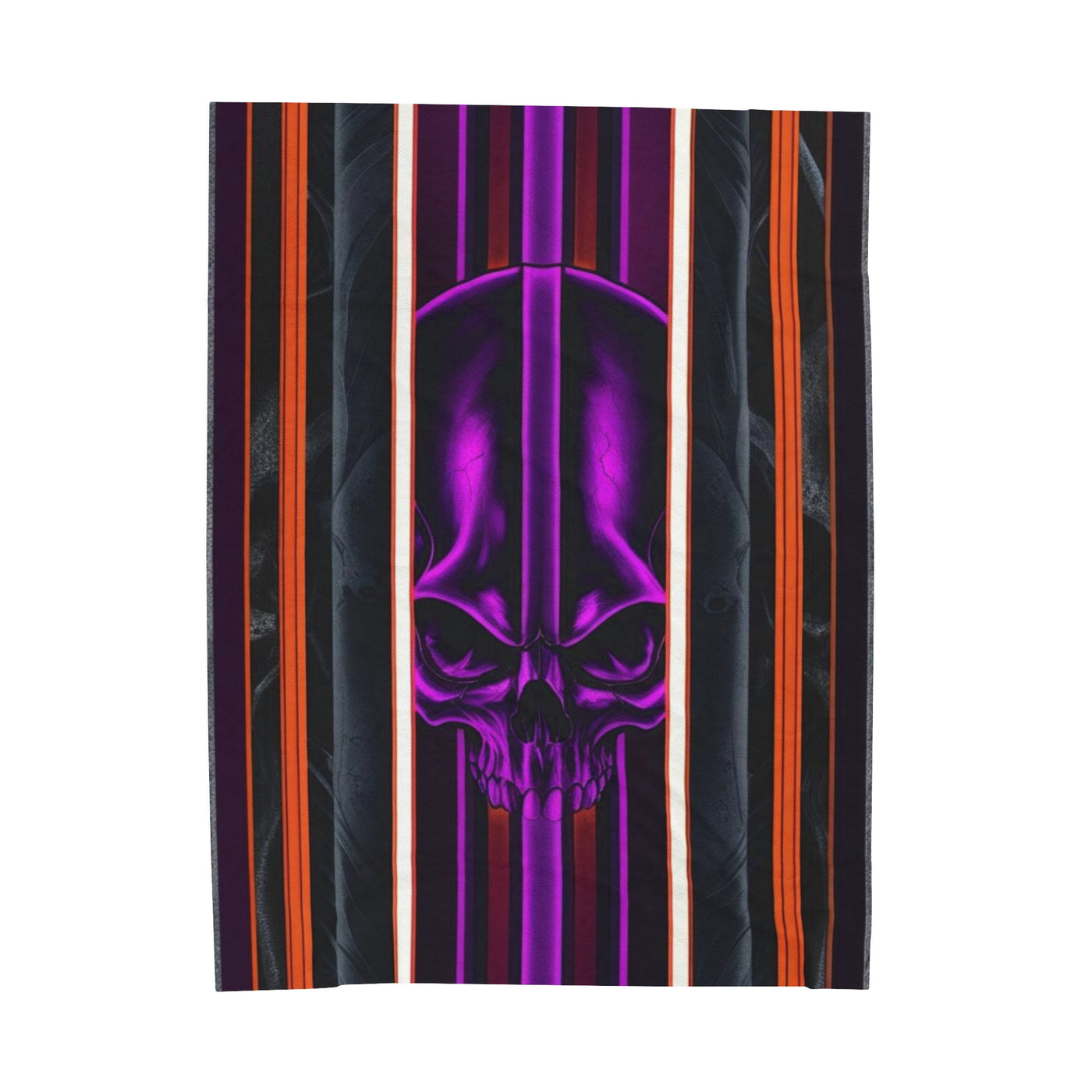 15, Velveteen Purple Skull Blanket W/Red Gray & Black Stripped Pattern