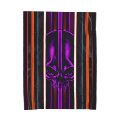 15, Velveteen Purple Skull Blanket W/Red Gray & Black Stripped Pattern