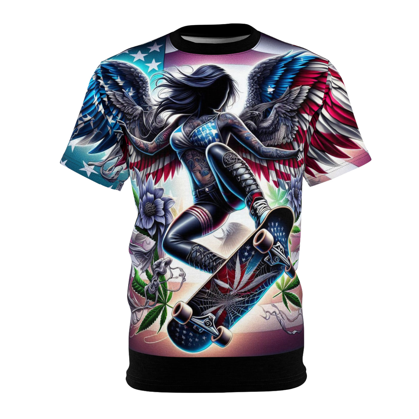 American Flag W/ Winged Female Skateboarding Silhouette T-shirt