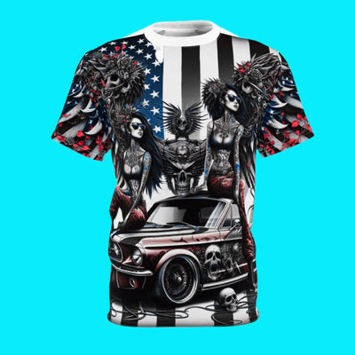 American Flag W/ 2-Winged Female Silhouette & Mustang T-shirt