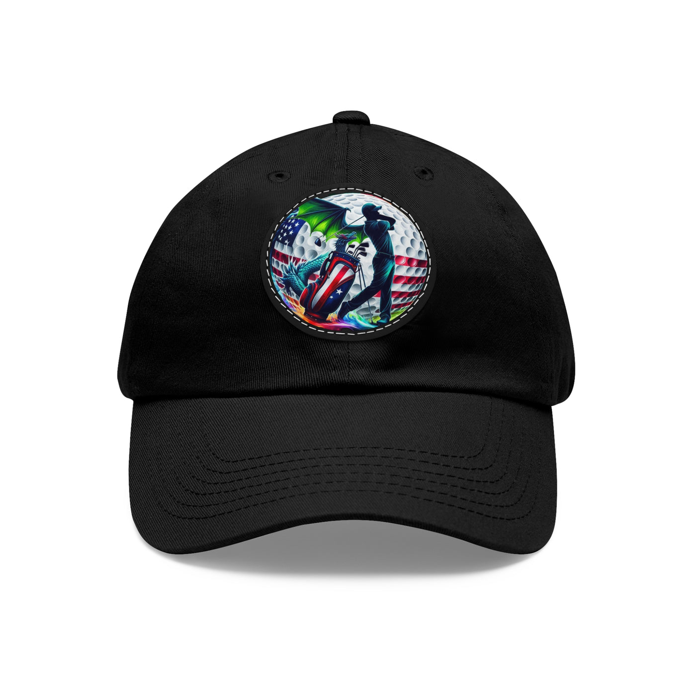 Dad Golf Hat with Leather Patch (Round), American Flag Silhouette Golf Ball Design