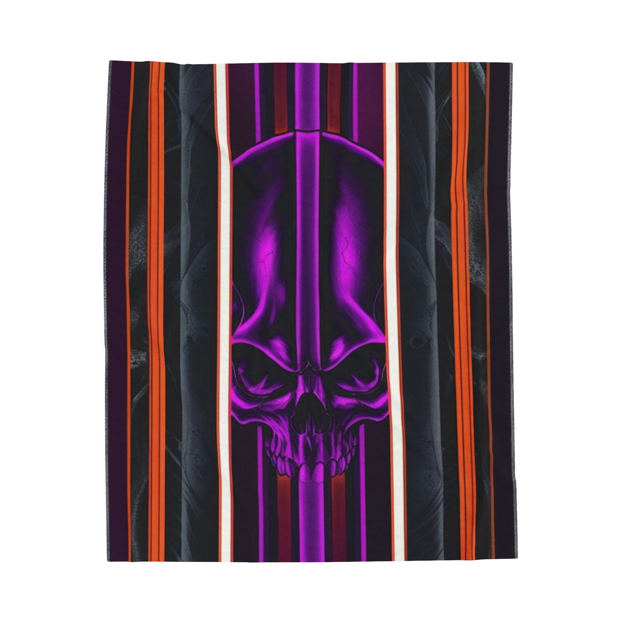 15, Velveteen Purple Skull Blanket W/Red Gray & Black Stripped Pattern