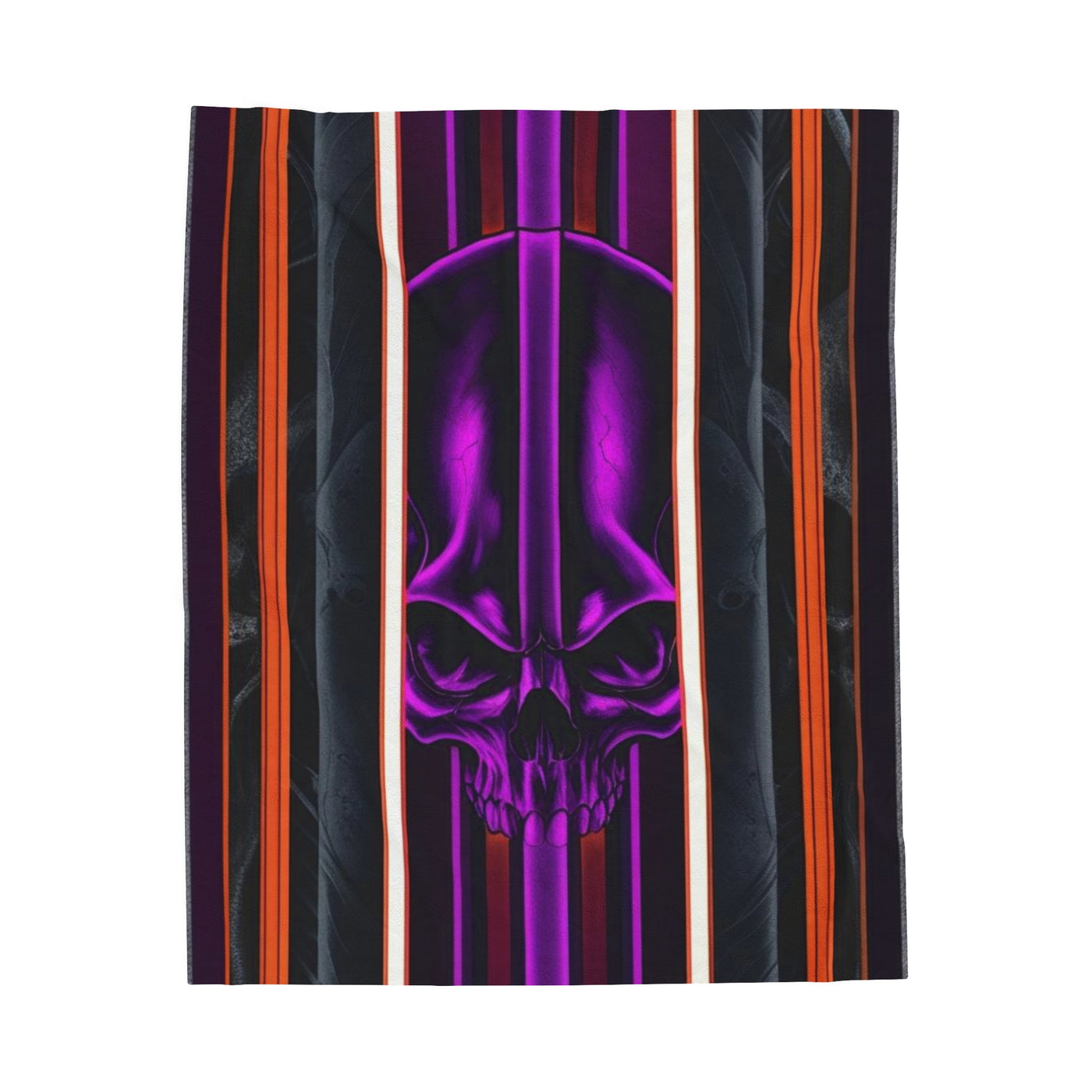 15, Velveteen Purple Skull Blanket W/Red Gray & Black Stripped Pattern