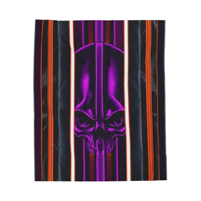 15, Velveteen Purple Skull Blanket W/Red Gray & Black Stripped Pattern